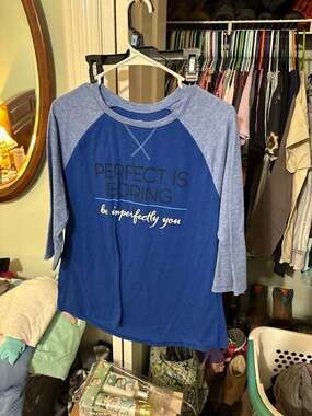 Athletic Works Size L (12-14) Blue Raglan 3/4 Sleeve Tee 'Perfect Is Boring'